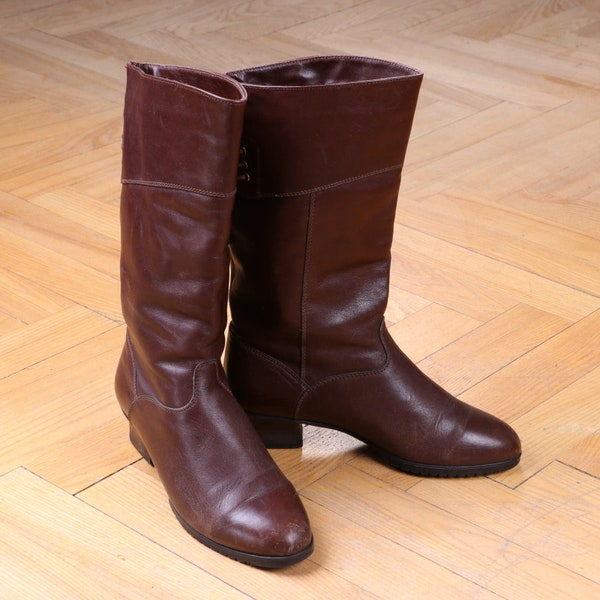 80s Vintage Leather pull on mid calf boots in brown UK 3.5