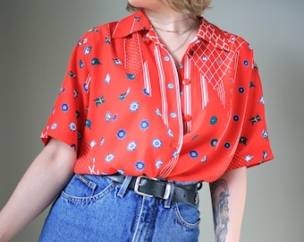 Vintage 90s Nautical blouse in red, Novelty print blouse from Kurt Kellermann of Scandinavia