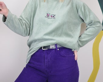 Vintage Y2K Cow velour long sleeve t-shirt/ pajama top with cute cow embroidery, loungewear top