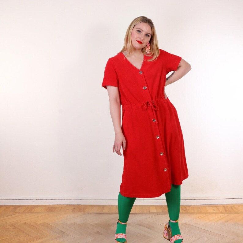 Y2K Terrycloth button down house dress in Red Cotton Blend EU44 L/XL image 2
