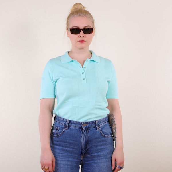 Vintage 90s knitted polo t-shirt sweater in mint blue S/M, Short Sleeve Non-Itchy Preppy Sweater Top