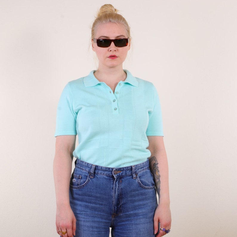 Vintage 90s knitted polo t-shirt sweater in mint blue S/M, Short Sleeve Non-Itchy Preppy Sweater Top image 1