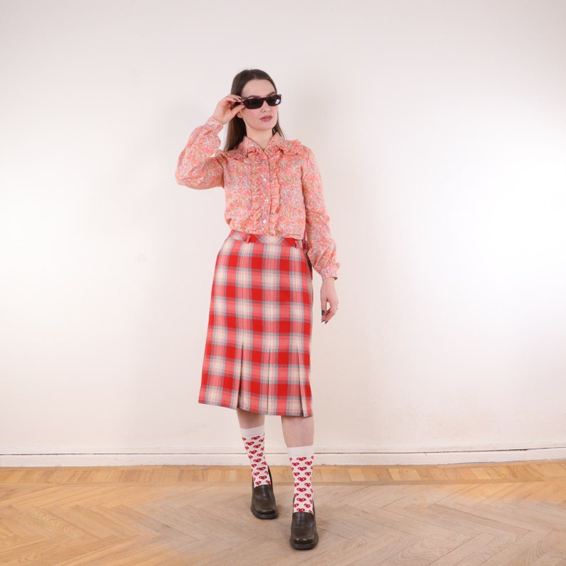 Vintage 70s Red Plaid box pleat skirt S, secretary business work office smart casual skirt 30s 40s style image 7