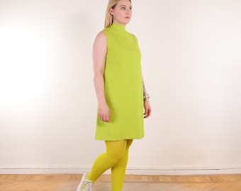 60s Vintage MOD high neck mini dress in lime green ~M/L