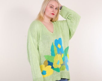 Vintage 90s Oversized Silk Sweater w flowers in salad green XL, Colorful Knit Jumper, Uta Raasch