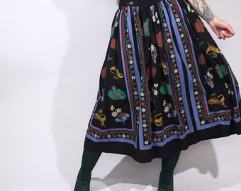 Vintage Novelty Print Drindl Cottagecore Cotton Full Midi High Waist Skirt WITH A POCKET XL