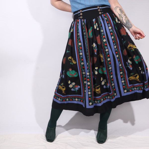 Vintage Novelty Print Drindl Cottagecore Cotton Full Midi High Waist Skirt WITH A POCKET XL