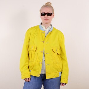 Vintage 80s REVERSIBLE bold bomber jacket in yellow and baby blue M, cotton artisan hippie short jacket image 3