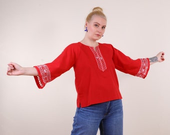 Vintage 70s Embroidered Drawn thread work Boho Hippie Folk Ethnic bell sleeve Blouse in Red and White ~S