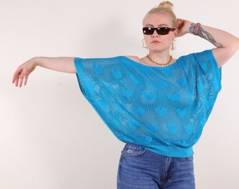 Vintage 80s heart knitted sheer mesh net sweater top in blue, Short Sleeve Off shoulder Non-Itchy Cardigan, Knitted T-shirt