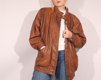 Vintage Cognac brown leather jacket bat-wing M, Made in Cyprus