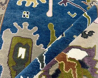Hand Knotted Wool Rug, Blue Oriental Tribal Boho Area Carpet