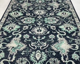 Navy Blue Oushak Floral Wool Rug, Hand-Knotted Turkish Area Carpet