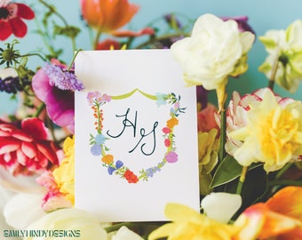 Custom Watercolor Wedding Crest⎜Hand Painted Editable Monogram