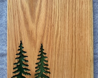 Handmade Red Oak Charcuterie Board – Green Epoxy Evergreen Tree Inlay