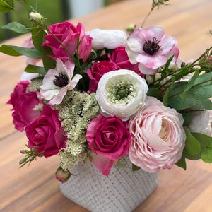 Faux Pink Floral Arrangement in Textured Vase, Real Touch Roses & Ranunculus Centerpiece, Gift for Her, Home Decor, Romantic Flower Display