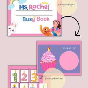 May include: A pink and white "Ms. Rachel Busy Book" with illustrations of a rainbow, bunny, and characters. Includes cards with numbers 1-6 and a birthday-themed page with a cupcake and the question "How old are you?"
