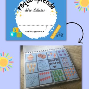 May include: A blue educational book titled "Peque Aprende" with the text "libro didactico". The cover includes ABC blocks, a ruler, and the phrase "este libro pertenece a". Inside, there are illustrated cards with various images.
