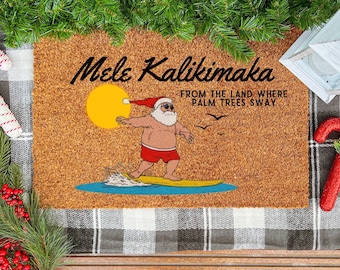 Mele Kalikimaka Christmas Doormat, Santa Clause, Hawaiian Christmas, Surfing Santa, Christmas Gift. Beach Door Mat, Beach House Mat, Holiday