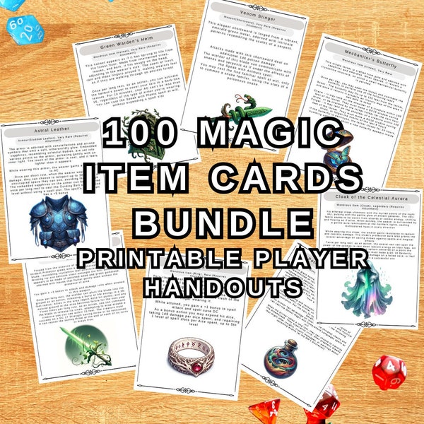 100 Magic Item Cards for D&D 5e - Printable PDF with Unique, Original Art and Magical Effects