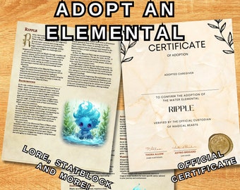 Adopt an Elemental - Ripple's Adoption Kit with PDF Digital Downloads, D&D certificate, art, lore and stat block