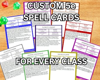 May include: A collection of custom Dungeons and Dragons spell cards for every class. The cards are printed on a woodgrain background with dice scattered around them. The cards feature a variety of spells, including Fireball, Eldritch Blast, Hunter's Mark, Animal Friendship, Sacred Flame, Fly, Stinking Cloud, and more.