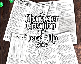 Puede incluir: Una guía para la creación de personajes y la subida de nivel en Dungeons and Dragons 5ª edición. La guía incluye información sobre la elección de raza, clase, trasfondo y hechizos. También incluye una tabla para subir de nivel, que muestra los puntos de experiencia necesarios para alcanzar cada nivel, así como los dados de golpe y los aumentos de puntuación de habilidad.