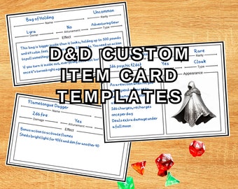 May include: A printable Dungeons and Dragons (D&D) custom item card template. The template is designed for creating unique items for a role-playing game. The template includes fields for the item's name, rarity, type, damage, attunement, effect, and appearance. The template is printed on white paper with black text.
