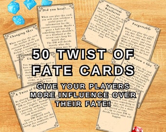 50 Printable Twist of Fate Cards for D&D, player handouts, Digital Download for Dungeon Masters. Create and alter the Story