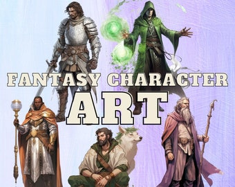 May include: Digital illustration of five fantasy characters. A knight in armor, a wizard with a staff, a druid with a wolf, a warrior with a sword, and a hooded figure with glowing green orbs. The text "Fantasy Character Art" is in the center of the image.