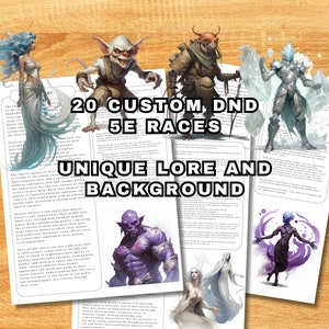 Puede incluir: Un collage de imágenes que representan 20 razas personalizadas de Dungeons and Dragons 5e con historias y antecedentes únicos. Las imágenes presentan varias criaturas de fantasía, incluyendo un humanoide de piel azul con acentos morados, una criatura similar a un goblin, un humanoide con un casco con cuernos y una criatura con una túnica blanca y fluida.
