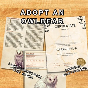 Op de afbeelding: Adoptie certificaat voor een uilbeer. Het certificaat toont een witte uilbeer op een bruine achtergrond. De tekst "Adopteer een uilbeer" staat in grote, vetgedrukte letters bovenaan het certificaat. De tekst "Adoptie certificaat" staat in kleinere letters onder de titel. Het certificaat is ondertekend door Thora Allow, Hoofd Bewaarder, en Astrid Bregard, Wetshandhaver.