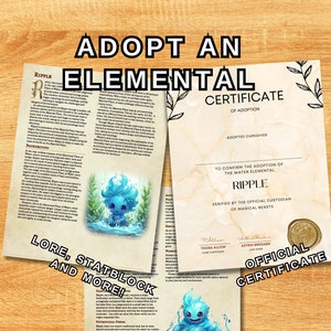 Puede incluir: Certificado de adopción de un elemental llamado Ripple. El certificado es azul y blanco con una ilustración azul y blanca de Ripple, un elemental de agua, de pie sobre una roca en un charco de agua. El certificado está firmado por Thora Allow, Chet Custodian, y Astrid Bregard, Law Giver.
