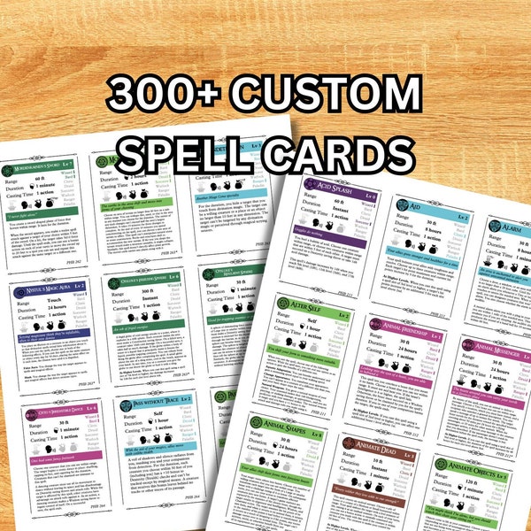 Más de 300 tarjetas de hechizos de D&D 5e + 7 tarjetas escolares en blanco -Descarga digital / Codificada por colores por la Escuela de Magia / Etiquetada por clase / Información completa sobre hechizos