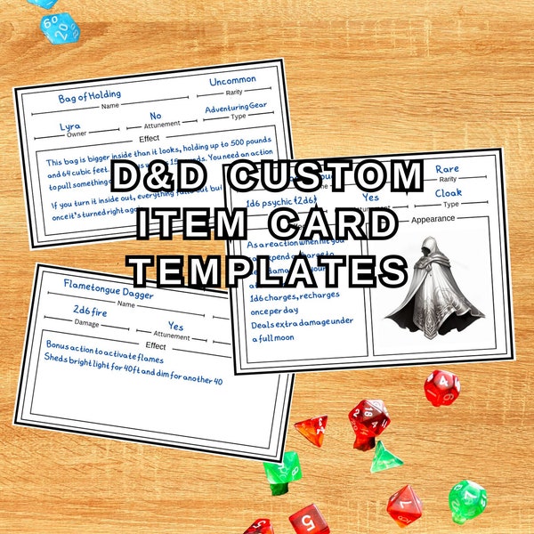 D&D Item Cards Template Bundle  - 6 RPG Printable Magic Item Tracker for Dungeon Masters - Fantasy Role Playing Game Accessories