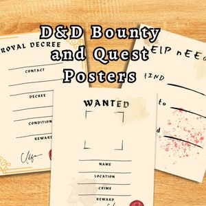 D&D Wanted, Bounty and Quest Poster Template Pack - Form Fillable (editable) printable handout for Dungeons and Dragons, TTRPG tools for DMs