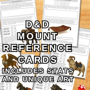 Cartões de referência rápida de montaria para DnD - imprimíveis + digitais | PNGs de arte exclusivos + cartões de estatísticas | Guia de montaria de D&D | Cavalos, camelos, voadores e muito mais