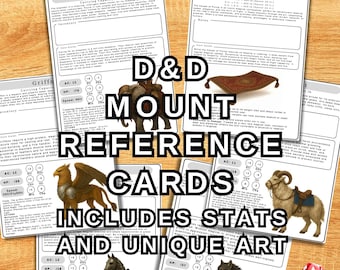 May include: A set of Dungeons and Dragons mount reference cards with unique illustrations and stats for each mount. The cards feature a griffin, elephant, wolf, horse, carpet of flying, and a ram. The cards are printed on white cardstock with black text and illustrations.