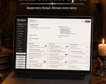 May include: A laptop displaying the Threadkeeper dashboard interface with the text 'Threadkeeper' and 'Keep every thread. Elevate every story.' visible above the screen. The laptop is surrounded by books, a lantern, candles, and a map.