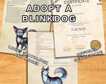 May include: A collection of fantasy-themed documents, including a certificate of adoption, a character sheet, and a lore page. The certificate confirms the adoption of a Blinkdog. The documents feature illustrations of the Blinkdog.