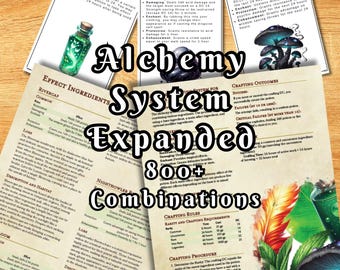 May include: A close-up of a tabletop role-playing game (TTRPG) supplement for an alchemy system. The supplement features a green, brown, and orange color scheme with illustrations of mushrooms, plants, and a potion bottle. The text on the page reads "Alchemy System Expanded 800+ Combinations".