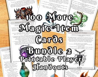 May include: A set of 100 printable magic item cards for tabletop role-playing games. The cards feature illustrations of various magical items, such as a ring, a pendant, a flask, a weapon, and armor. The cards are labeled with the name of the item and its description.