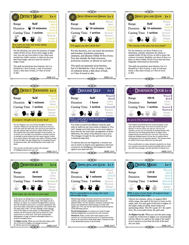 300 D&D 5e Spell Cards 7 Blank School Cards Digital Download Color-Coded by School of Magic Class-Labeled Comprehensive Spell Info image 3