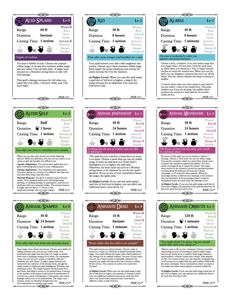 300 D&D 5e Spell Cards 7 Blank School Cards Digital Download Color-Coded by School of Magic Class-Labeled Comprehensive Spell Info image 6