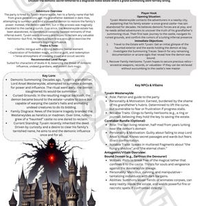 May include: A black and white illustration of a gothic castle with a demonic figure standing in front of it. The text "The Forgotten Halls of Westerwylde" is at the top of the image. The text "Uncover the demonic secret tethered to a disgraced noble estate where a grand summoning went terribly wrong." is below the title. The image is a visual representation of a tabletop role-playing game adventure.