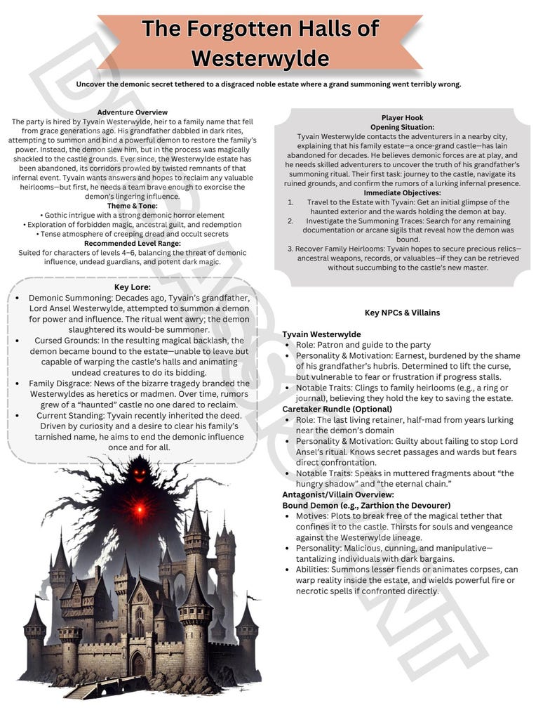 May include: A black and white illustration of a gothic castle with a demonic figure standing in front of it. The text "The Forgotten Halls of Westerwylde" is at the top of the image. The text "Uncover the demonic secret tethered to a disgraced noble estate where a grand summoning went terribly wrong." is below the title. The image is a visual representation of a tabletop role-playing game adventure.