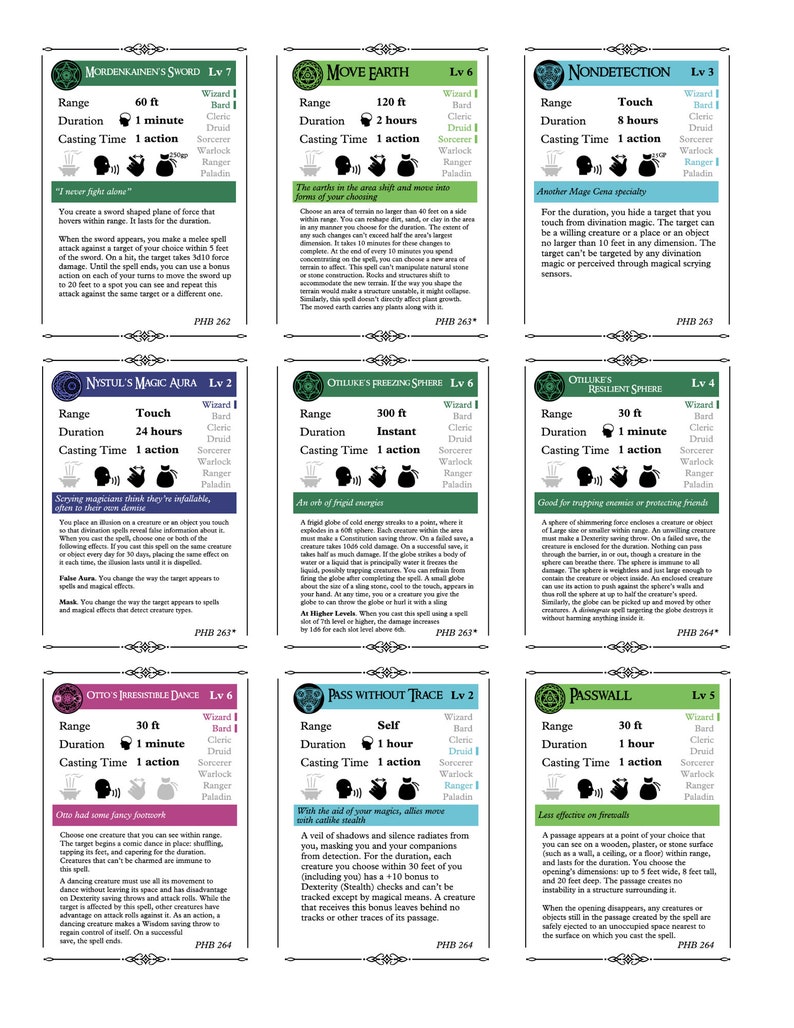 300 D&D 5e Spell Cards 7 Blank School Cards Digital Download Color-Coded by School of Magic Class-Labeled Comprehensive Spell Info image 5