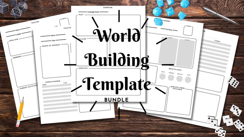 May include: A printable world building template bundle for role-playing games. The bundle includes templates for factions, locations, points of interest, and more.