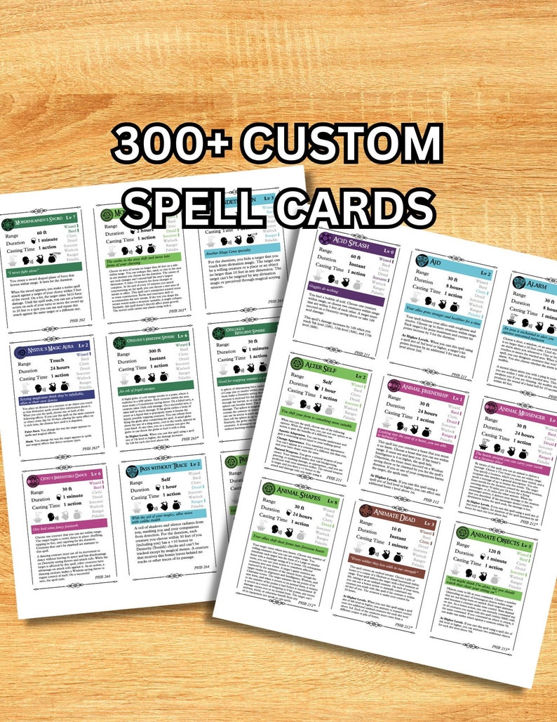 300 D&D 5e Spell Cards 7 Blank School Cards Digital Download Color-Coded by School of Magic Class-Labeled Comprehensive Spell Info image 1
