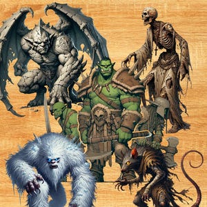 May include: A digital illustration of five fantasy creatures: a gargoyle, an orc, a skeleton, a yeti, and a rat. The creatures are depicted in a fighting pose, with the gargoyle and orc in the foreground, the skeleton and yeti in the middle ground, and the rat in the background. The illustration is set against a wooden background.